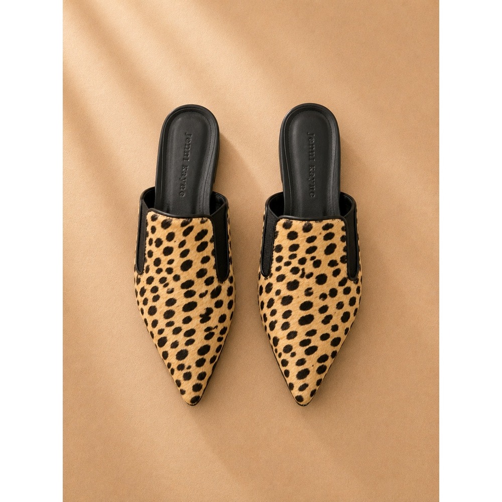 Jenni Kayne Womens Mules 38 Tan Cheetah Print Calf Hair Pointed Toe Flat Italy